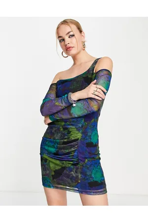 Topshop Vestito corto in rete a maniche lunghe a fiori sfumato arricciato
