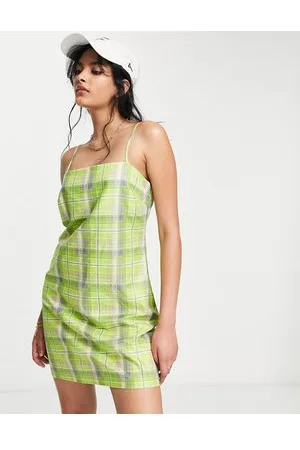 Lola May Vestito corto con spalline sottili color lime a quadri
