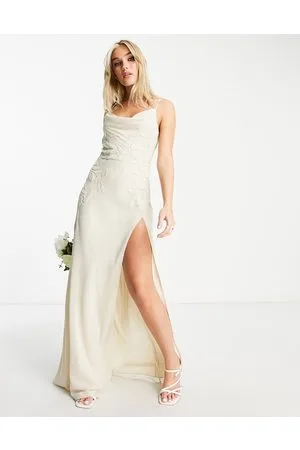 HOPE & IVY Bridal - Vestito lungo ricamato color avorio con scollo ad anello