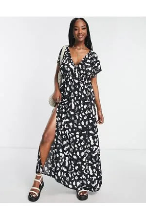 ASOS Coppe Grandi - Vestito da mare lungo con maniche con volant a pois nero e bianco