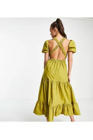 Collective The Label Esclusiva - Vestito midi a balze oliva incrociato sul retro