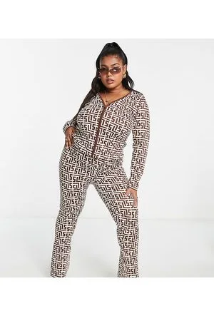 Simmi London Simmi Plus - Pantaloni skinny a zampa marroni con stampa geometrica in coordinato