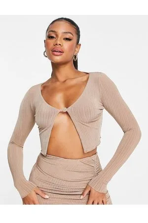 Naked Wardrobe Crop top aperto a maniche lunghe color cuoio