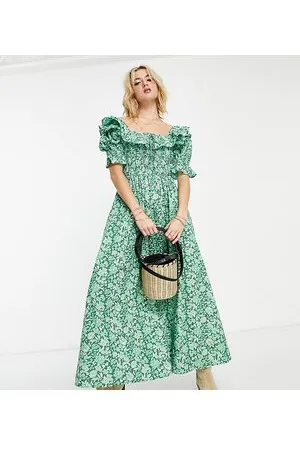 Reclaimed Inspired - Vestito midi a fiori con maniche a sbuffo