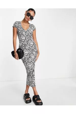 ASOS Vestito camicia midi a maniche corte bianco e nero a fiori