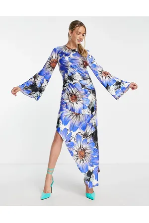 Topshop Vestito midi cobalto a fiori arricciato con maniche lunghe