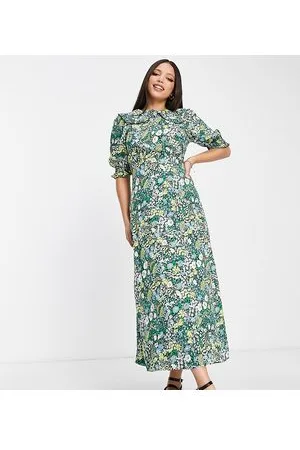 New Look Vestito midi a fiori con colletto e maniche a sbuffo