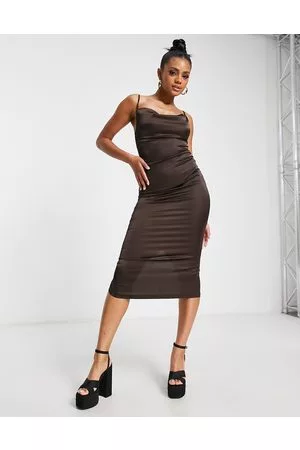 Parisian Vestito midi in raso con spalline sottili e scollo ad anello cioccolato