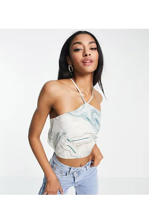 Lola May Crop top in raso con stampa astratta e apertura con spalline sul retro