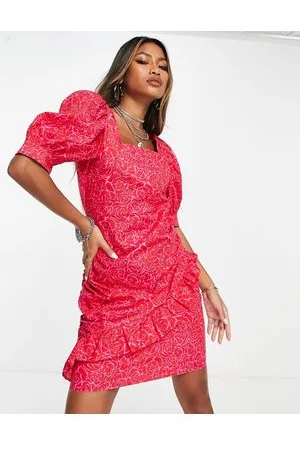 VERO MODA Vestito corto con scollo squadrato acceso con stampa e maniche a sbuffo
