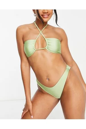 Topshop Top bikini a fascia allacciato al collo oliva arricciato e lucido