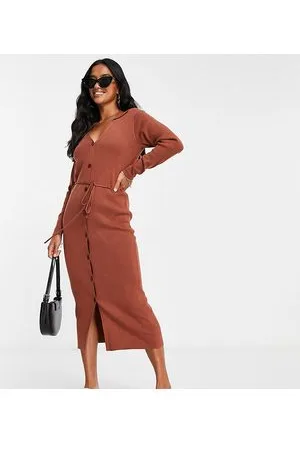 ASOS ASOS DESIGN Petite - Vestito midi in maglia con colletto aperto e allacciatura in vita