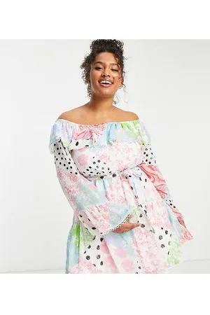 ASOS ASOS DESIGN Curve - Vestito corto con spalle scoperte, stampa patchwork e inserti in pizzo