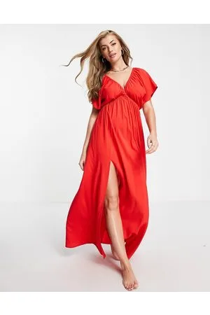 ASOS Coppe Grandi - Vestito da mare lungo con maniche con volant - RED