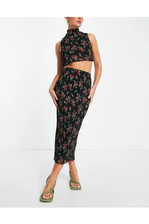 ASOS Gonna midi plissettata in raso rosa a fiori in coordinato
