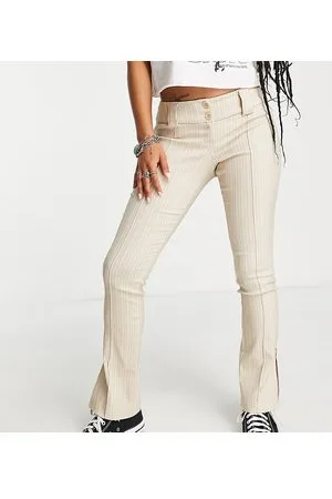 Topshop Pantaloni a zampa a vita bassa in bengalina color sabbia gessato con due bottoni
