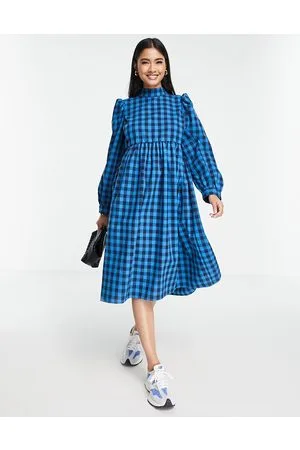 Lola May Vestito grembiule accollato blu a quadri