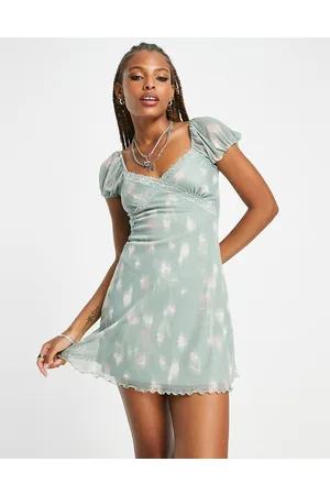 ASOS Vestito corto in rete a maniche corte con stampa a fiori sfumata e dettaglio in pizzo