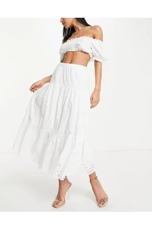 French Connection Gonna lunga a balze in cotone bianca con ricami - WHITE