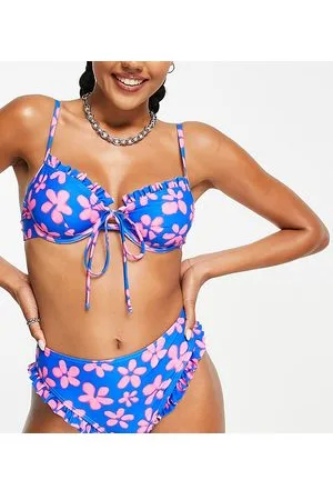 Reclaimed Inspired - Top bikini con ferretto e volant blu a fiori rosa - MULTI