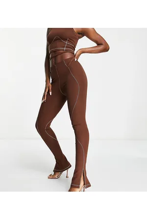 AsYou Leggings con cuciture e dettagli con laccetti e spacco sul fondo, colore marrone in coordinato