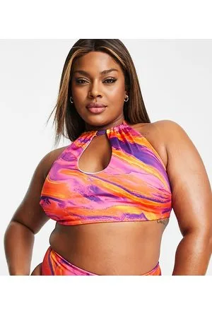 ASOS ASOS DESIGN Curve - Mix and Match - Top bikini allacciato al collo con stampa effetto tramonto marmorizzato e apertura a goccia