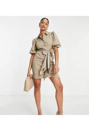 River Island Vestito camicia corto in popeline kaki