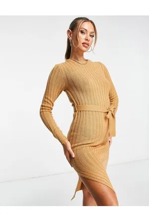 Brave Soul Eddie - Vestito in maglia con spacco color cammello