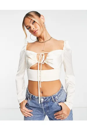 ASOS Crop top a maniche lunghe color crema con apertura a goccia e arricciatura sul davanti