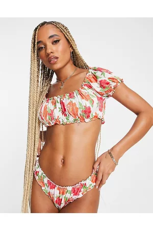 ASOS Crop top bikini arricciato con maniche a sbuffo e stampa floreale vivace