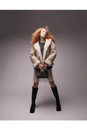 Topshop Cappotto in montone sintetico color talpa
