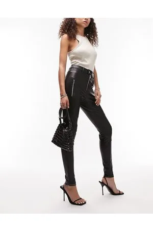 Topshop Pantaloni skinny stile motociclista in pelle sintetica nera con zip