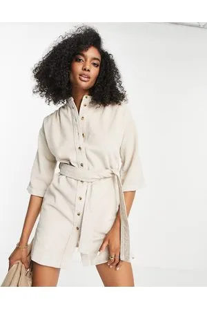 Whistles Vestito camicia corto in velluto di cotone a coste crema con cintura - CREAM