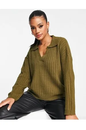 Brave Soul Zulu - Maglione con scollo a V e colletto stile polo kaki medio