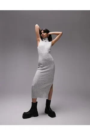 Topshop Vestito lungo senza maniche in maglia mélange con collo a imbuto e spacco laterale