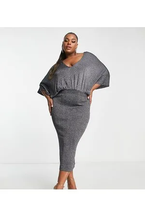 River Island Vestito midi fasciante grigio con maniche ad ali di pipistrello
