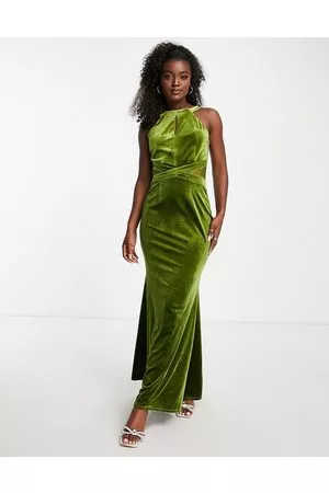 Little Mistress Vestito lungo con apertura a goccia in velluto oliva