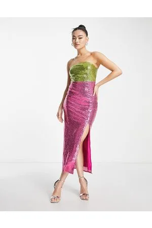 Collective The Label Esclusiva - Vestito al polpaccio con paillettes color block verde lime e rosa acceso