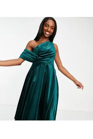 ASOS ASOS DESIGN Tall - Vestito midi da ballo di fine anno con spalle scoperte in velluto verde bosco