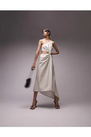 Topshop Vestito midi monospalla in similpelle PU écru con fondo asimmetrico e cut-out