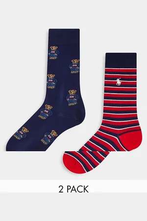 Ralph Lauren Confezione da 2 paia di calzini blu navy con orsetti e rossi a righe