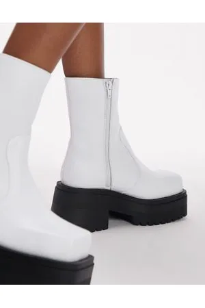 Topshop Beth - Stivali alla caviglia in pelle premium bianchi con punta squadrata