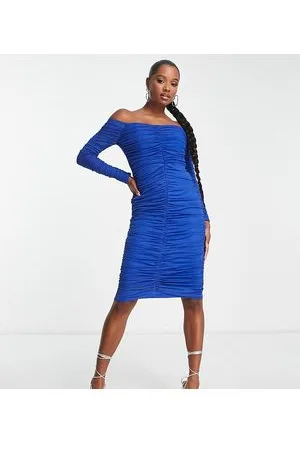 Jaded Rose Vestito midi a maniche lunghe cobalto arricciato con spalle scoperte