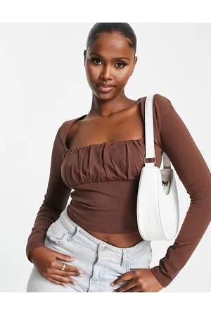 ASOS Top color cioccolato raccolto sul bustino a maniche lunghe