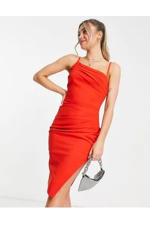 Lavish Alice Vestito midi corallo con spacco sulla coscia e dettaglio a pieghe