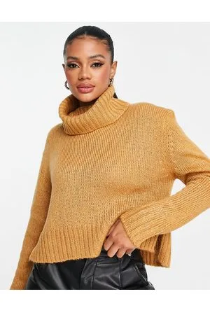 Brave Soul Cattio - Maglione con collo alto squadrato taglio corto color cammello speziato
