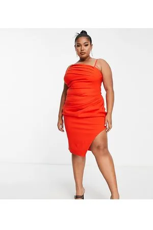 Lavish Alice Vestito midi corallo con spacco sulla coscia e dettaglio a pieghe