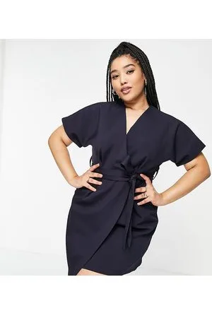 Closet Vestito corto stile kimono blu navy a portafoglio con cintura