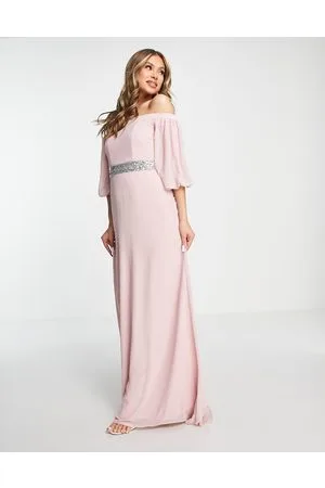TFNC Vestito lungo da damigella in chiffon color malva con scollo Bardot e vita decorata