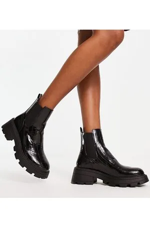 Topshop Wide Fit - Bella - Stivaletti Chelsea neri effetto coccodrillo con suola spessa